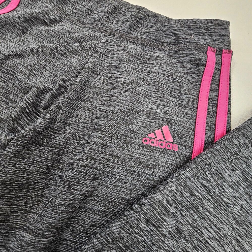 Adidas Womens L 14 Athletic Pants Gray Pink 3 Stripe Stretch Workout Leggings